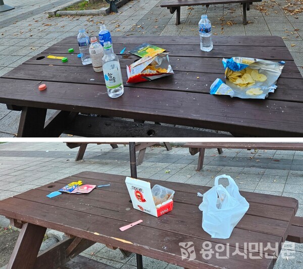 기흥구 동백호수공원 테이블 위에 먹고 난 음식물 포장재와 빈병 등이 널려있다.