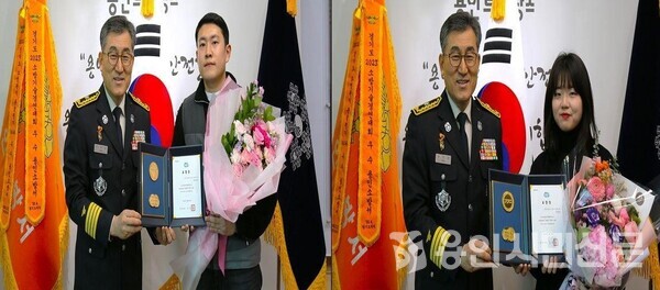 경기도지사 표창 수여자로 이마트 용인점 박도욱 씨(왼쪽)·와 한국소방기술원 이연경 씨.(오른쪽)/사진 제공 용인소방서